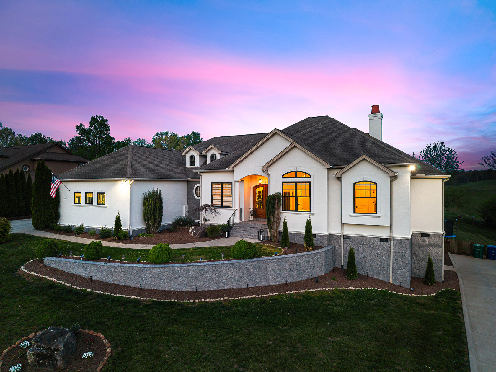 Modern home photographed at twilight in Western North Carolina