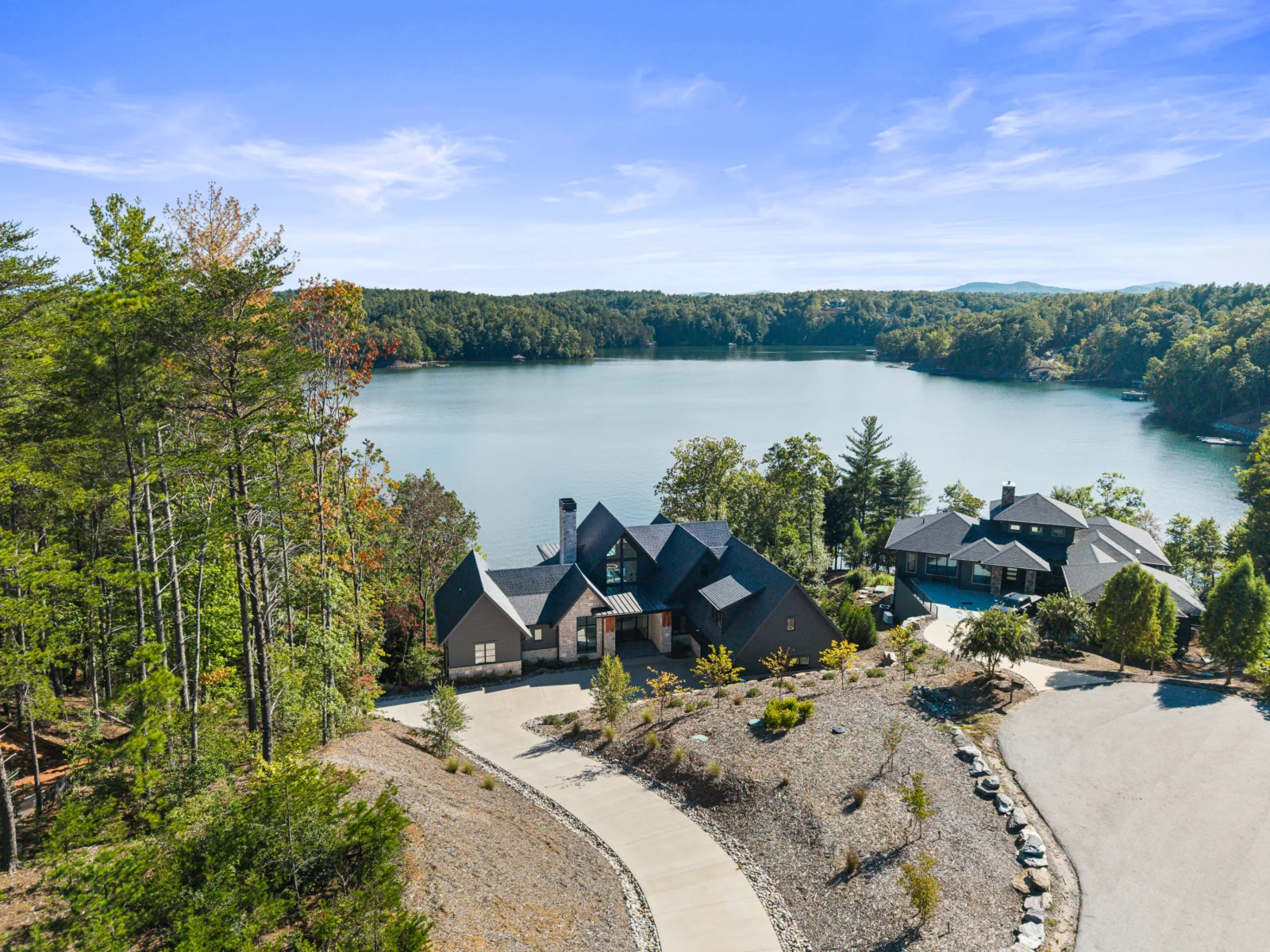 Aerial view of a lakefront home on Lake James in Nebo, North Carolina